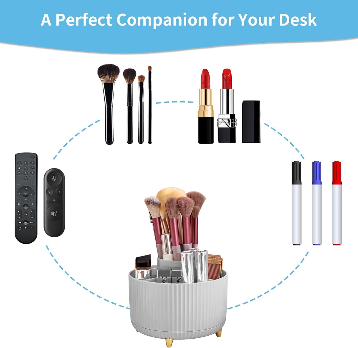 Marbrasse Desk Organizer, 360-Degree Rotating Pen Holder, Desk Organizers and Accessories with 5 Compartments Pencil Holder, Art Supply Storage Box Caddy for Office, Home (Grey)