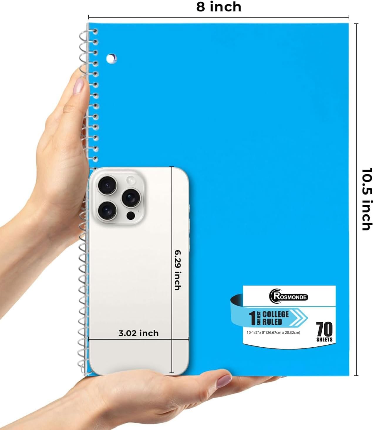 50 Pack, 1 Subject Spiral Notebook College Ruled Bulk, 140 Pages (70 Sheets), Thick No-Bleed Paper, 8 x 10-1/2", 3 Hole Punched, College Ruled Notebook 1 Subject Bulk, Subject Notebook