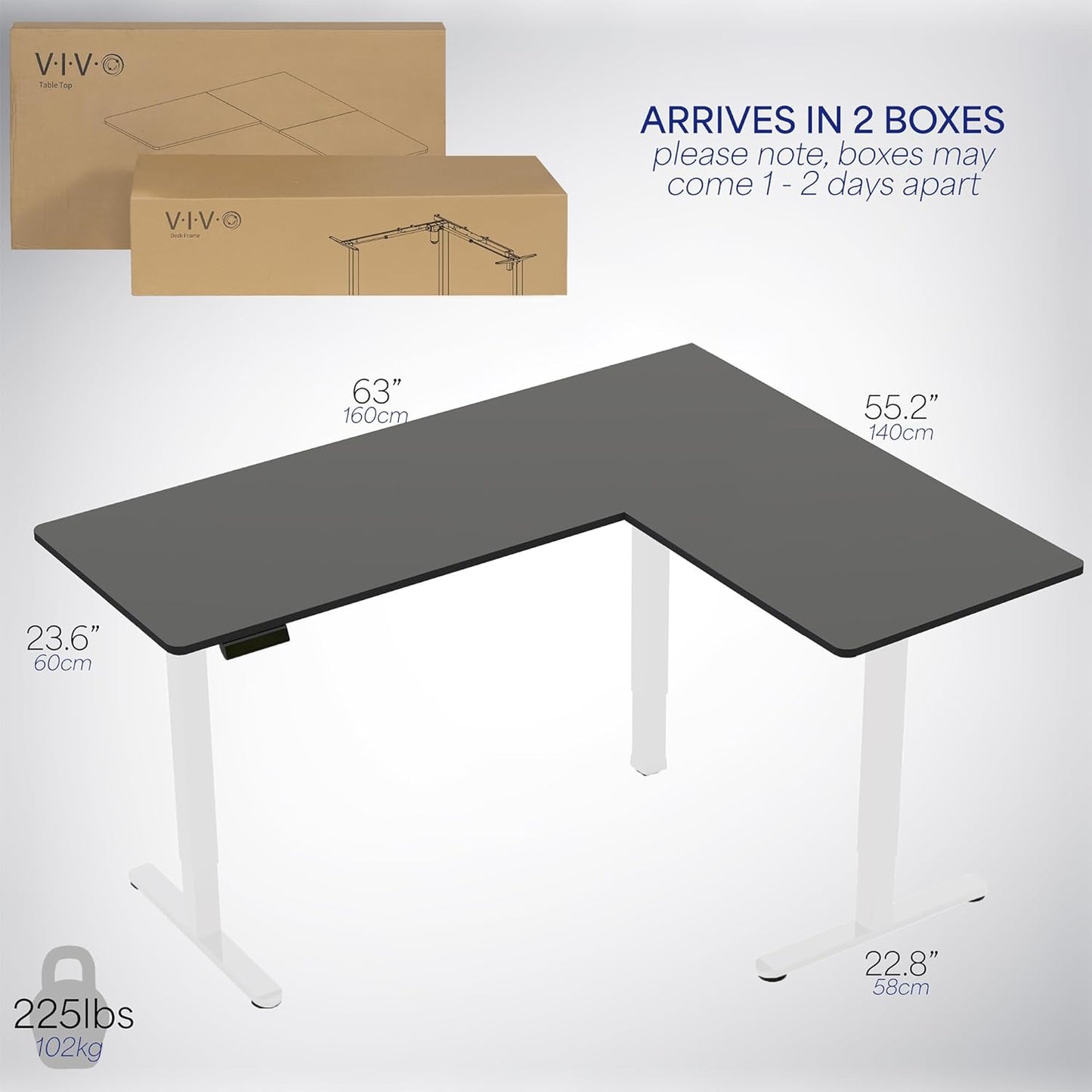 VIVO Electric Corner L-Shaped 63 x 55 in Standing Desk, Memory Height Adjustment, Black Top White Frame, DESK-E3CTWB