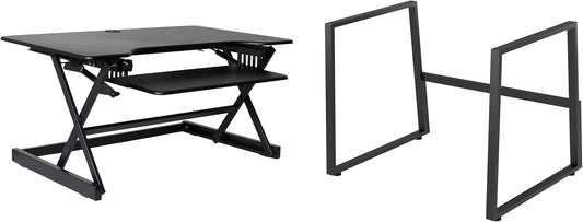 Rocelco 40" Large Height Adjustable Standing Desk with AC Outlet USB Charger and Floor Stand BUNDLE - Tall Dual Monitor Riser Computer Workstation - Keyboard Tray - Black (R DADRB-40-ACUSB-FS2)