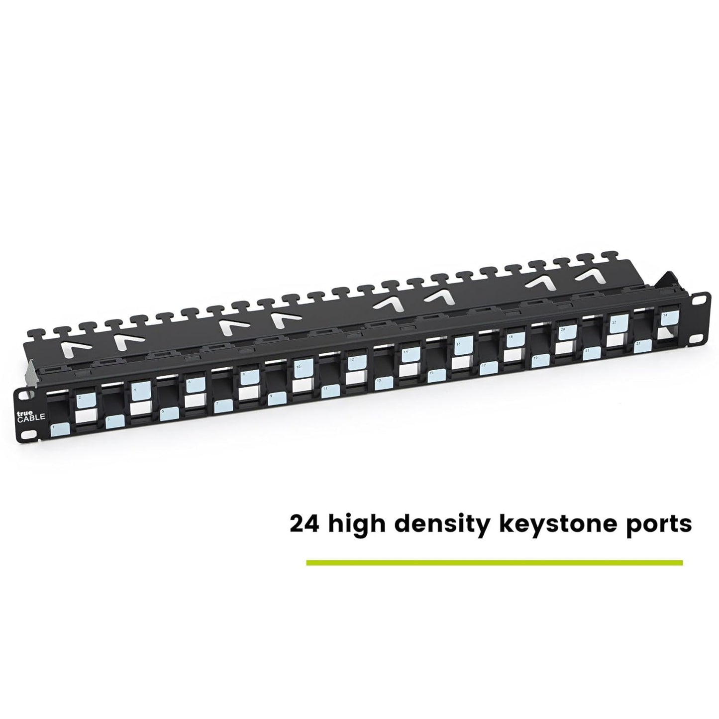 trueCABLE 3-D Staggered 24 Port 19” Toolless Modular Patch Panel, Unshielded, Blank, 1U Rack Mount, with Cable Management Bar, High Density, Black