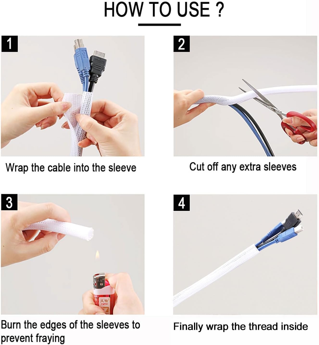 1/2" x 10ft Black/White Cable Sleeve - Protects Cords from Pets & Organizes Wires - Modern Style - Polyester Material - Flame Retardant - Easy to Use & Cut(White, 1/2"-10ft)