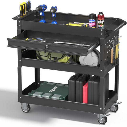 3 Tier Rolling Tool Cart, 400 LBS Capacity Mechanic Tool Carts on Wheels, Heavy Duty Utility Cart with Drawers, Metal Work Cart for Garage, Warehouse and Repair Shop, Matte Black