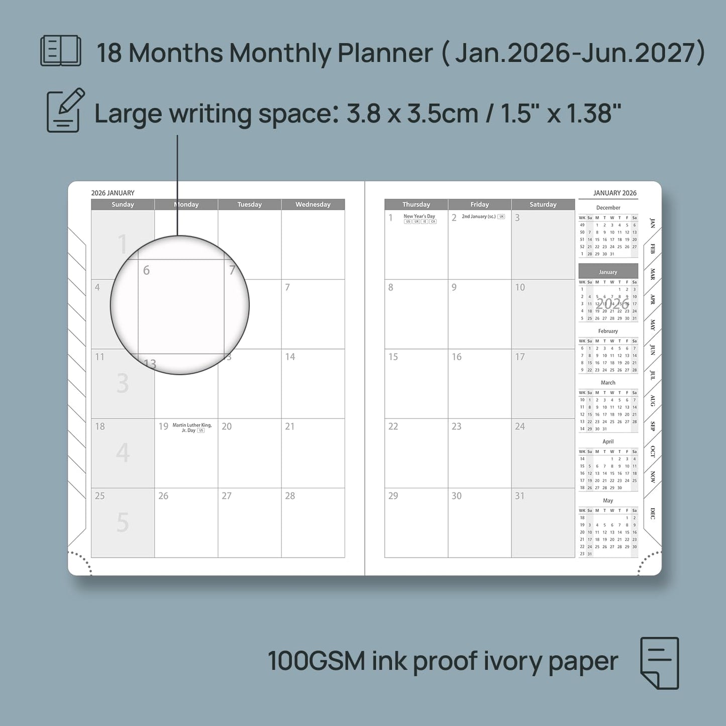 POPRUN Monthly Planner 2026-2027 (Medium- 6.5'' x 8.5'' Soft Cover), 18-Month Calendar Book (Jan.2026 - Jun. 2027), Calendar Planner with Monthly Tabs & Pocket, 100 GSM Paper - Black