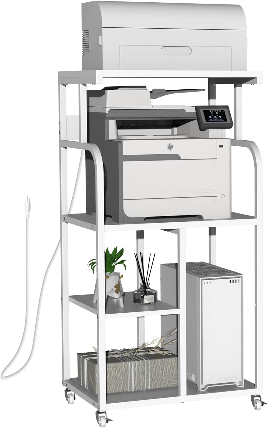 VEDECASA Mobile High Printer Stand with Power Outlet Charging Plugs USB Port Office Storage Shelf Includes Computer Tower CPU Stand Holder with Wheel (White)