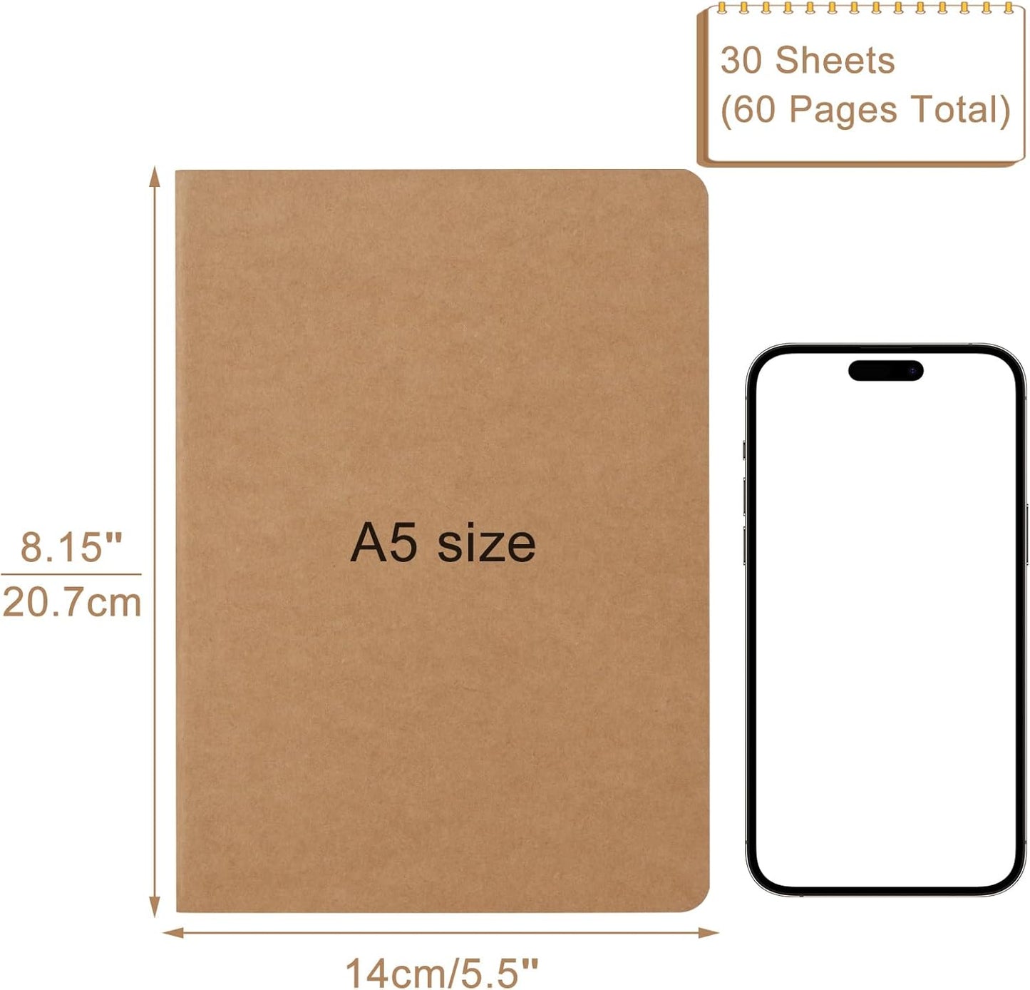 ZCZN 5 Pack A5 Kraft Notebooks Bulk, 8.15x5.5 Inches Graph Paper Journaling Notebooks, Notebooks for Work, Composition Notebooks for School, Journal Notebooks for Office, 60 Pages