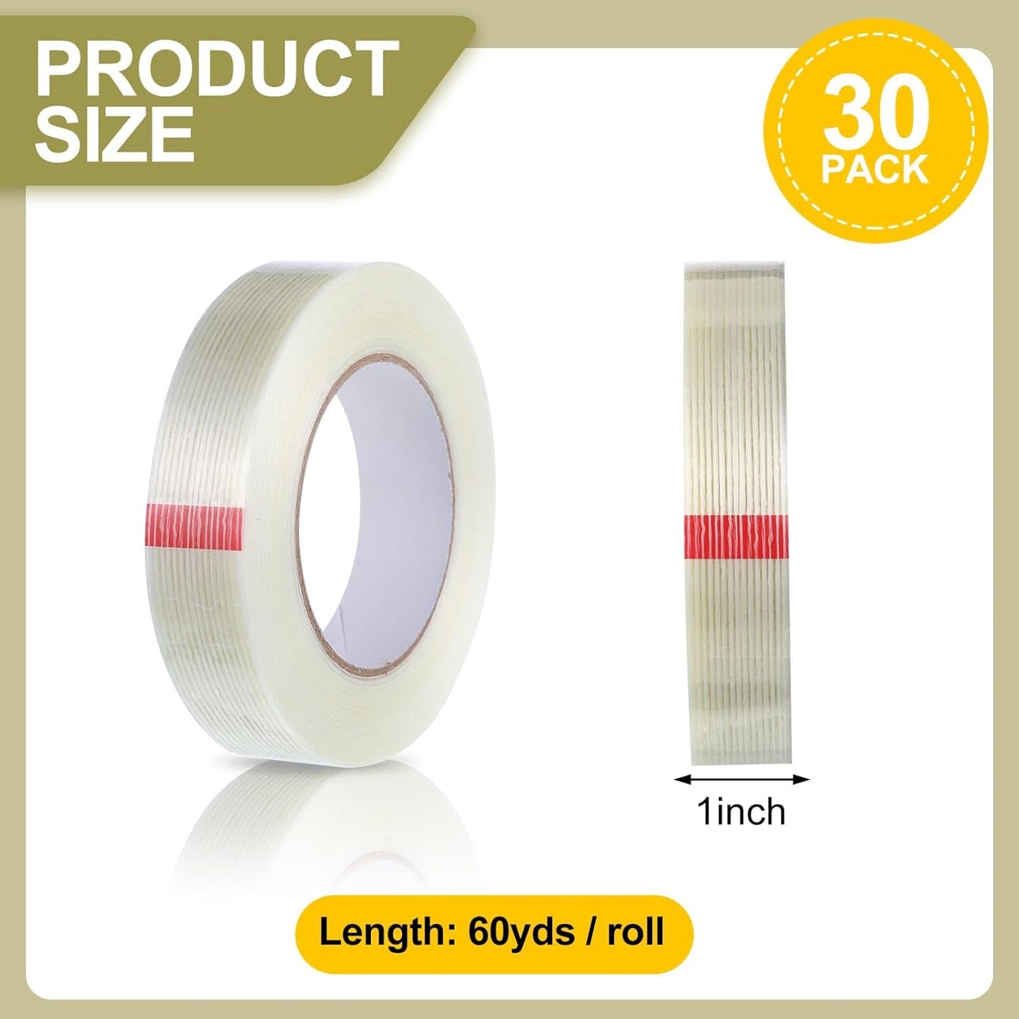 Treela 30 Rolls Filament Strapping Tape 5.5 Mil Transparent Reinforced Fiberglass Heavy Duty Packing Shipping Tape for Sealing Binding Fixing (1 Inch X 60 Yards)