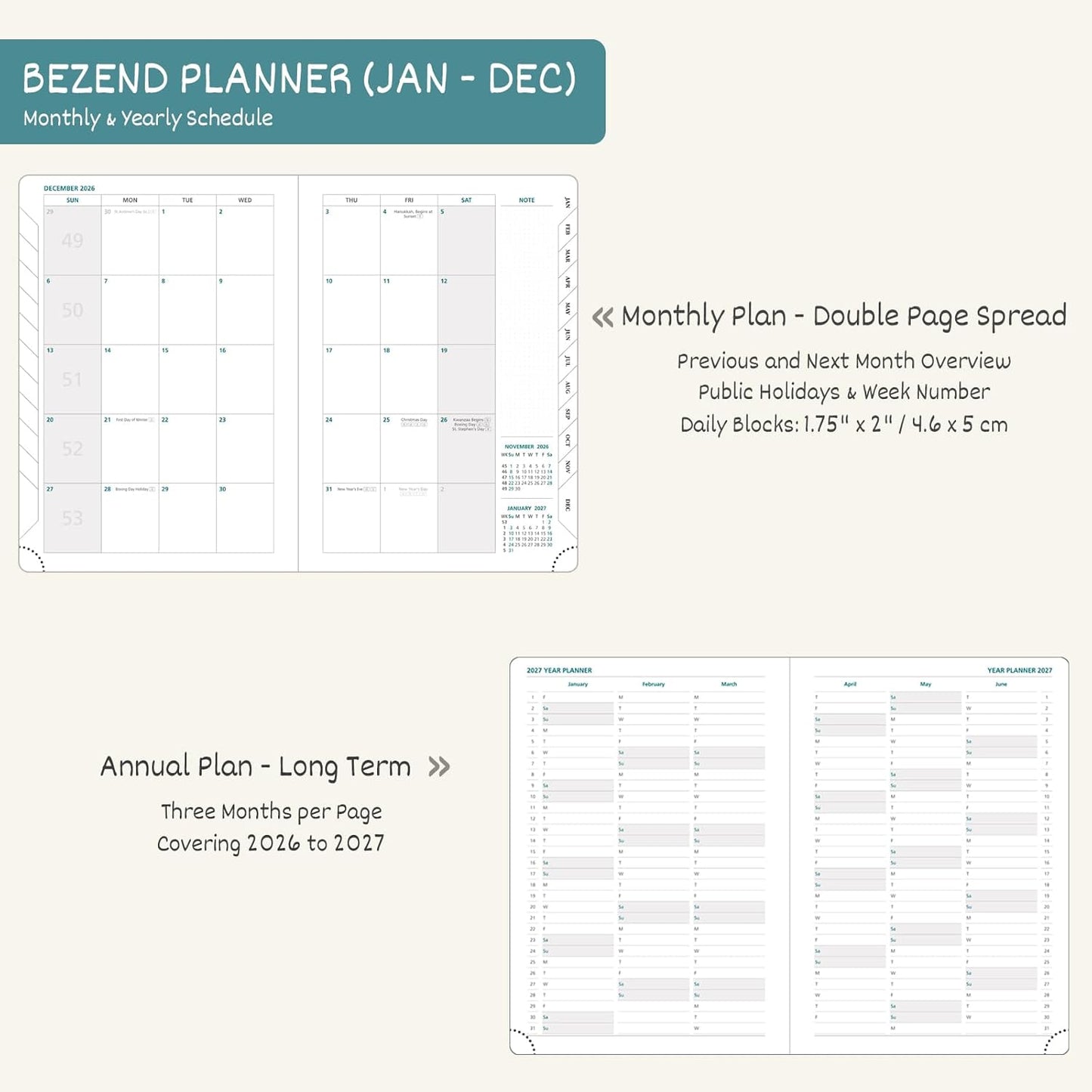 BEZEND 2026 Planner Weekly and Monthly (8.5" x 11") Daily Calendar with Half-Hourly Timeslots & Tab (Jan-Dec) Note & Expenses, Pen Holder, Inner Pocket, Vegan Leather Hardcover - Black