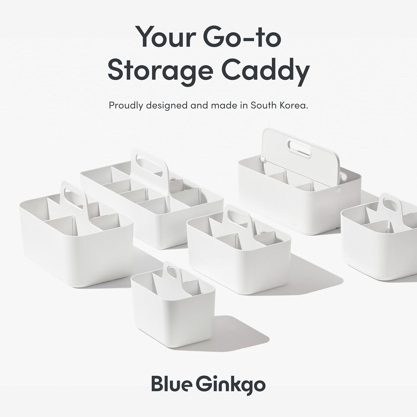 BLUE GINKGO Stackable Organizer Caddy – Korean-Made Portable Tote for Bathroom, Office, Crafts, or School Supplies (Long Rectangle, White)