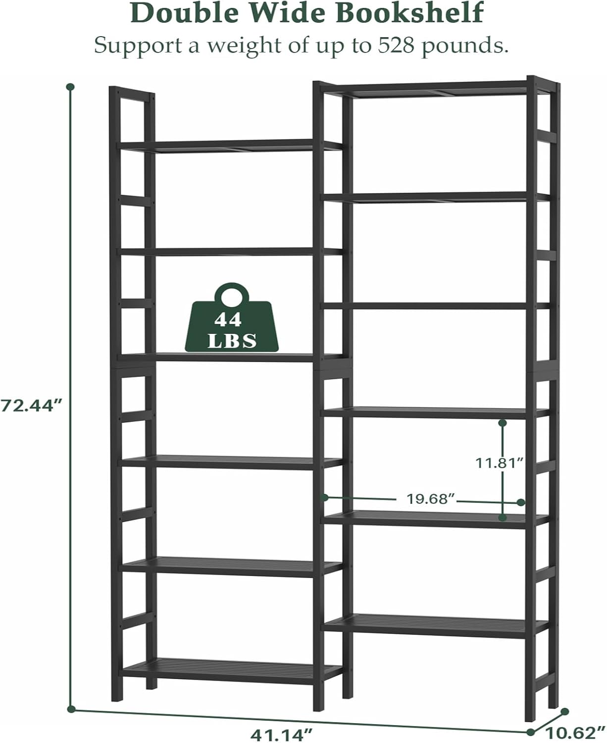 Homykic Double Wide Bamboo Bookshelf Black, 6-Tier Large Open Bookcase with 12 Display Shelves, 6ft Tall Freestanding Book Shelf for Home Office, Bedroom, Living Room, Plants