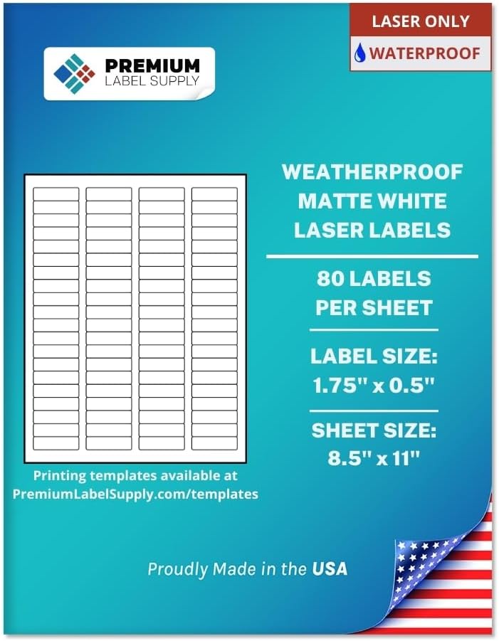 Premium Label Supply Waterproof White Return Address Sticker Labels – 1.75" x 0.5" – Laser Printers Only – (80 per Sheet), 500 Sheets - 40,000 Total Adhesive Labels