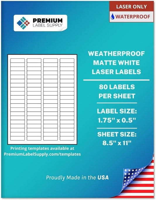 Premium Label Supply Waterproof White Return Address Sticker Labels – 1.75" x 0.5" – Laser Printers Only – (80 per Sheet), 100 Sheets - 8,000 Total Adhesive Labels