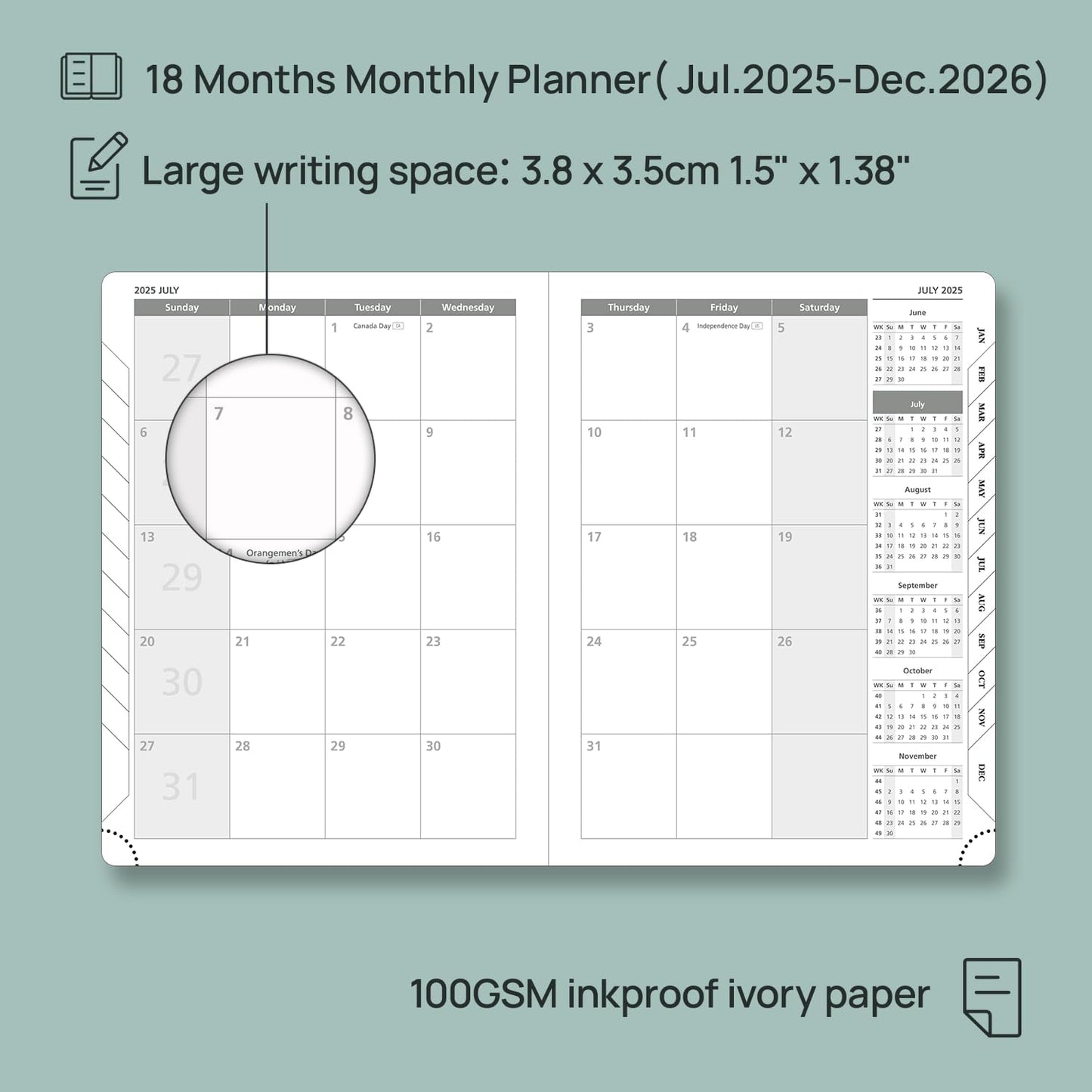POPRUN Monthly Planner 2025-2026 (Medium- 6.5'' x 8.5'' Soft Cover), 18-Month Calendar Book (Jul.2025-Dec.2026), Calendar Planner with Monthly Tabs & Pocket, 100 GSM Paper - Green