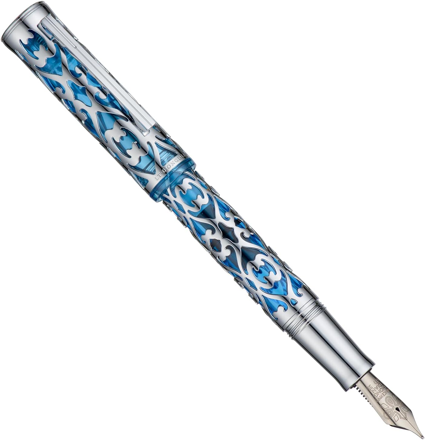 Hongdian D1 Piston Fountain Pen Extra Fine Soft Nib, Silver Blue Hollow Skeleton & Resin Pen with Metal Case Set