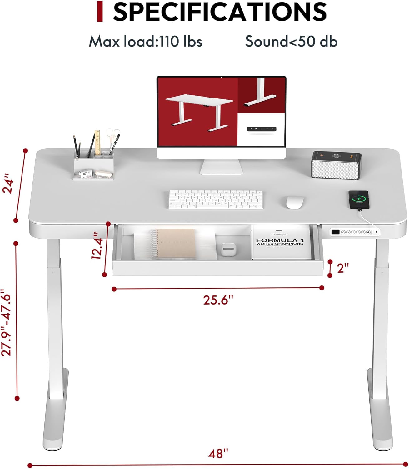 Standing Desk with Drawer, Electric Height Adjustable Home Office Desk with Storage & USB Ports, 48 inch White Wood Tabletop/White Frame