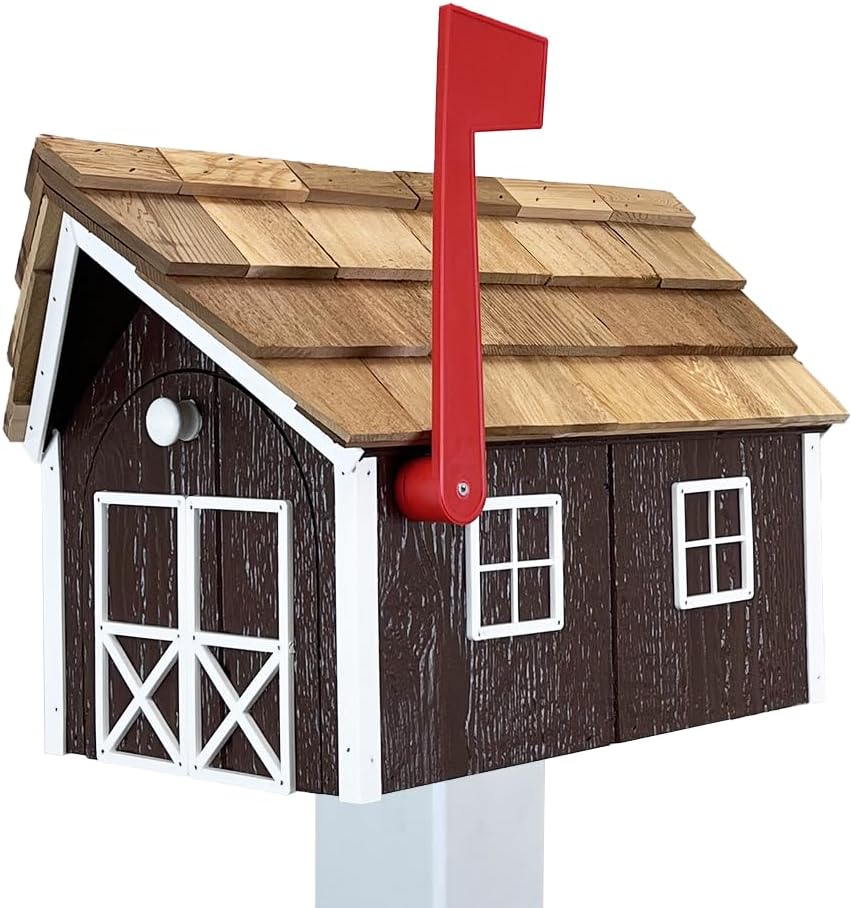 Peaceful Classics Amish Cedar Roof Wooden Mailbox with Window & Door Trim, Handcrafted Mailboxes for Outside, Post Mount Residential Mailboxes - (Brown & White, Wood)