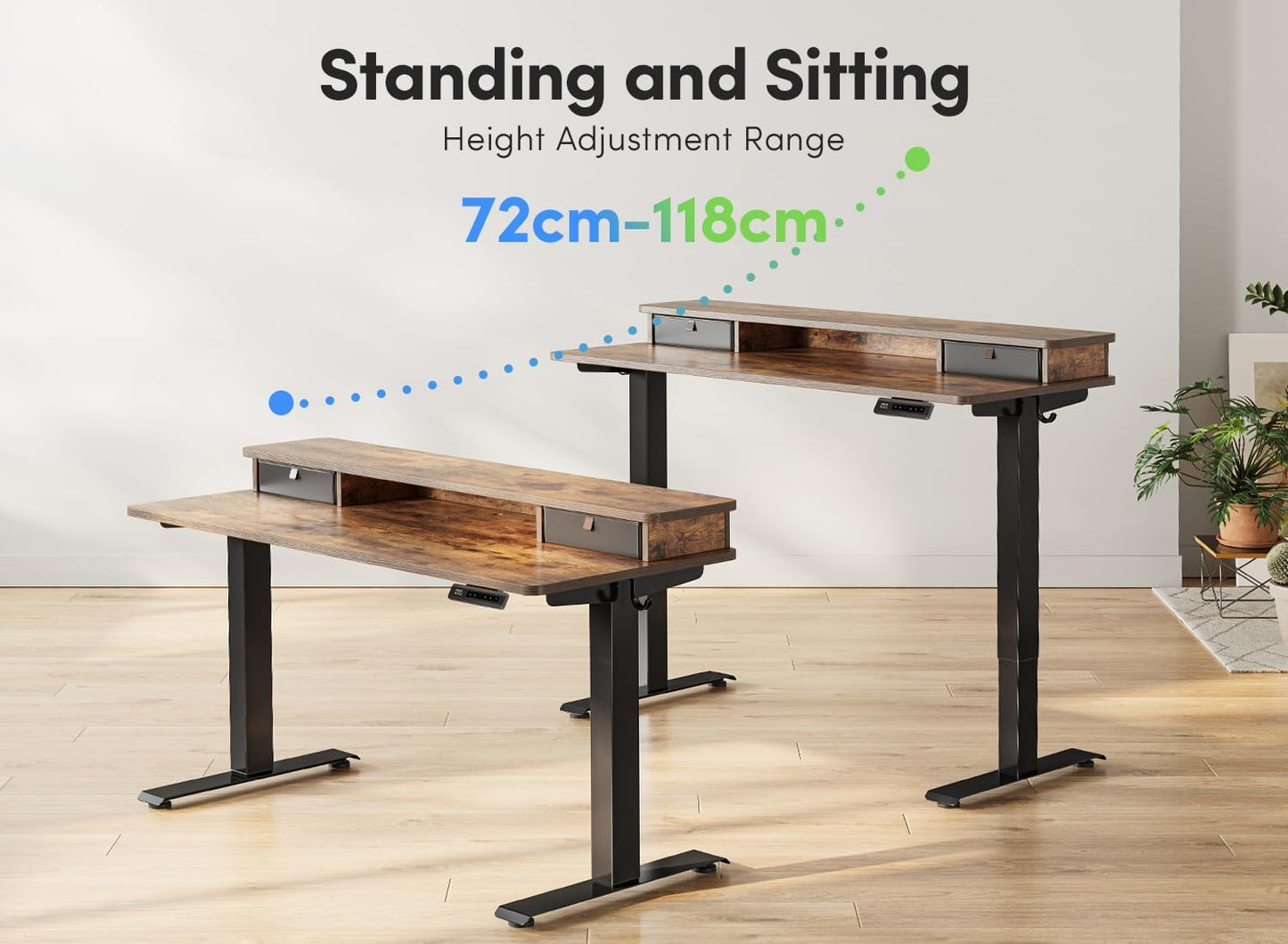 FEZIBO 48'' x 24'' Height Adjustable Electric Standing Desk with Double Drawer, Home Office Stand Up Table with 4 Height-Adjustable Feets & 2 Hooks, Vintage Brown