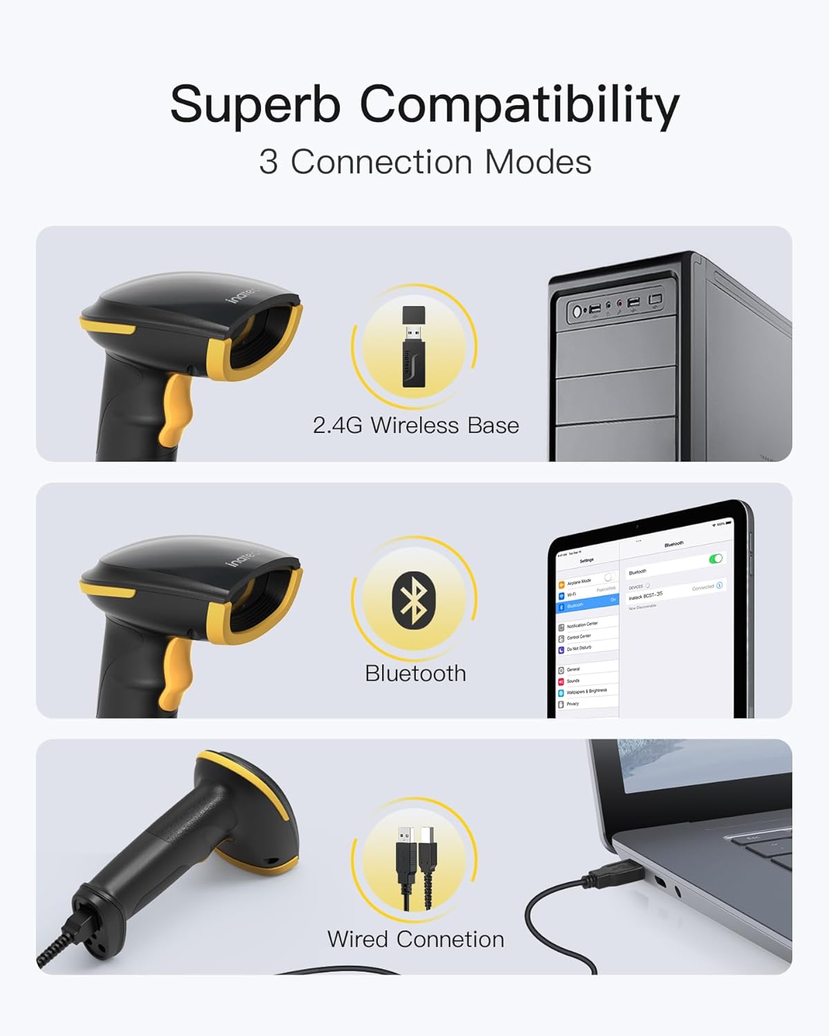 Inateck 2D Barcode Scanner with Intelligent Stand, Wireless QR Code Scanner, Handheld Scanner with APP and SDK, 2D Imager with 2600mAh Battery, BCST-35