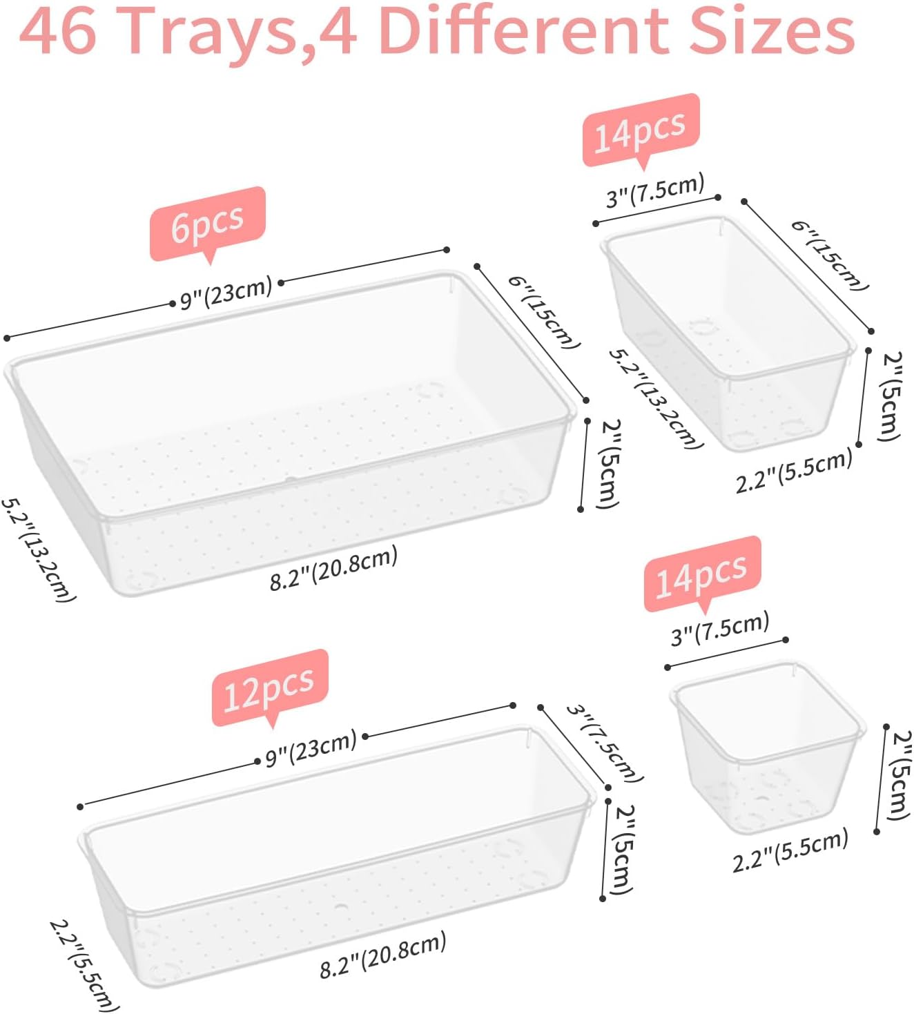 46 PCS Plastic Drawer Organizer Set, 4-Size Clear Bathroom and Vanity Desk Drawer Organizer Trays, Non-Slip Versatile Storage Divider Bins for Makeup Jewelry Bedroom Office Kitchen Gadgets
