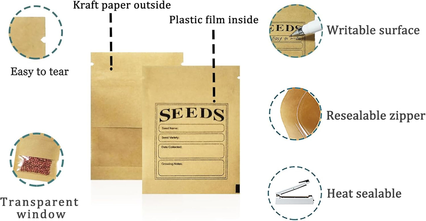 200 Pack Clear Window Small Resealable Seeds Packets Coin Envelopes 2.75x3.74 inch Brown Kraft Paper Sample Bag with Preprinted Seed Collecting Template for Seed Storage Organizer