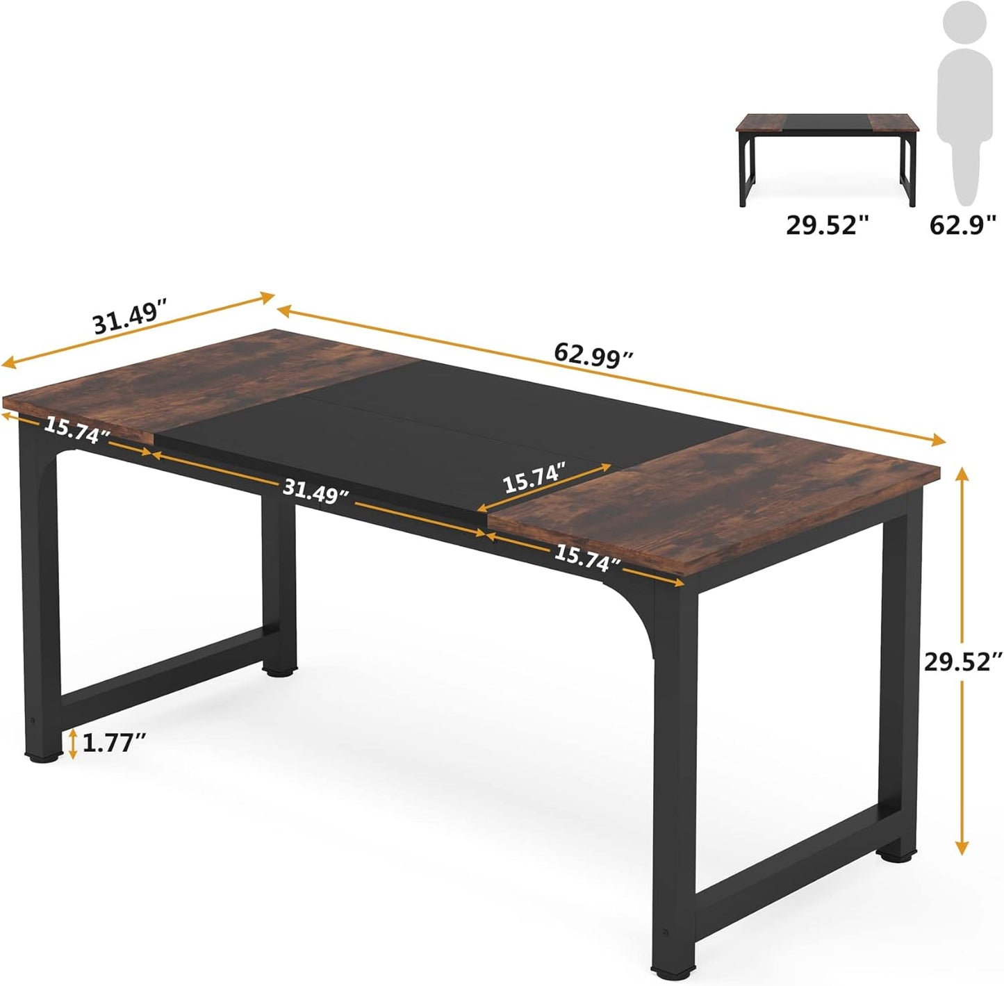 Tribesigns 63” Executive Desk, Large Office Computer Desk with Thicken Frame, Modern Simple Workstation Business Furniture for Home Office, Rustic Brown/Black