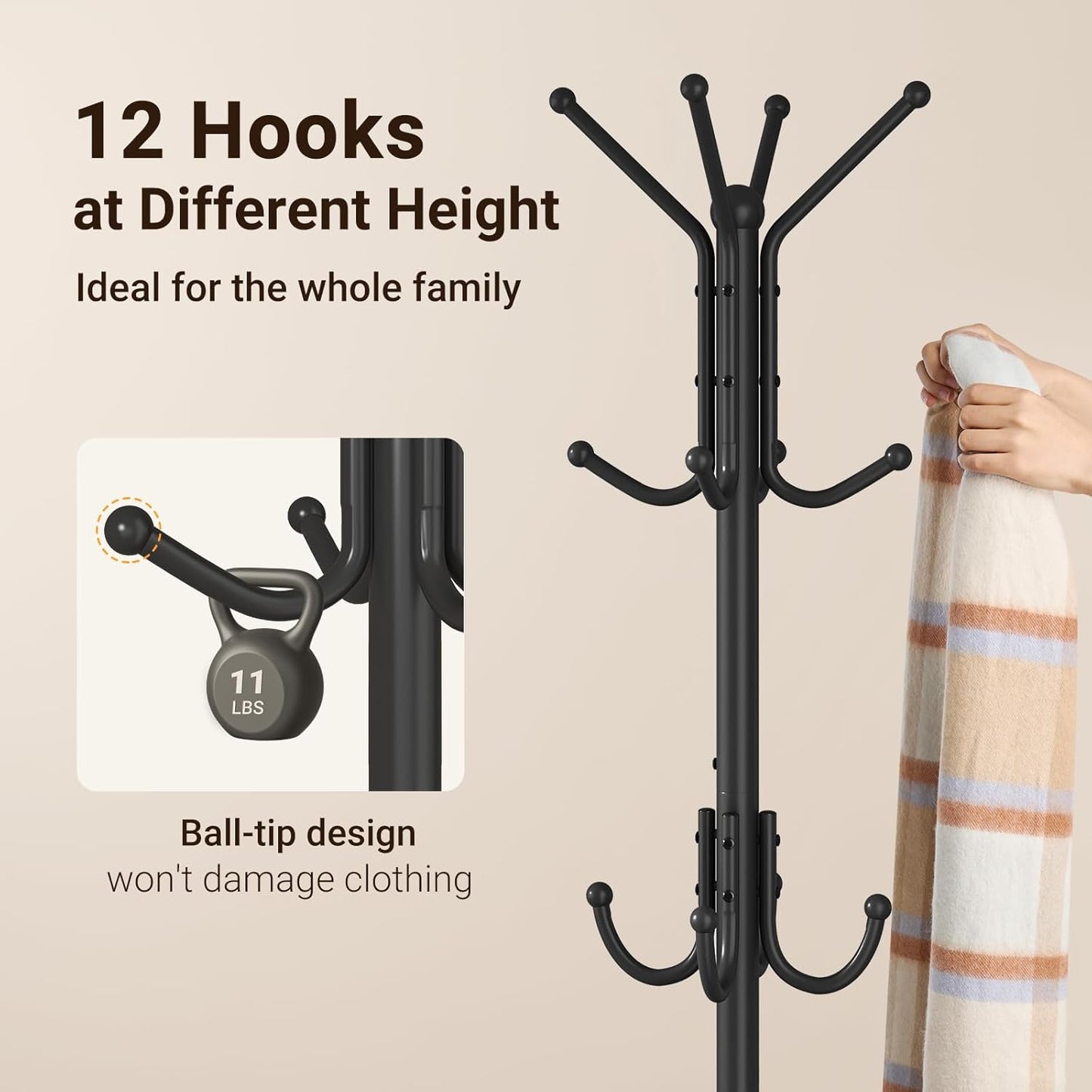 ELYKEN Coat Rack Freestanding, Metal Coat Rack Stand with Umbrella Holder, Modern Coat Tree with 12 Hooks, Floor Standing Corner Hall Tree for Entryway Living Room Bedroom Office, Black