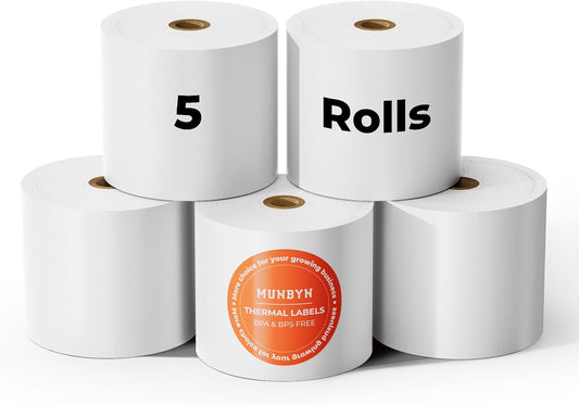 MUNBYN Thermal Paper 3 1/8 x 230ft, 5 Rolls Receipt Paper Work for Star Micronics TSP100 TSP143 Epson 80mm Receipt Printer Square POS Register, 80mm Thermal Receipt Paper, BPA Free, Plus Version