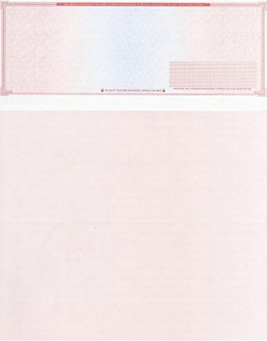 1000 Blank Check Stock - Check on Top Mazed - Paper Weight # 70"High Security" Check Paper Red/Blue Mazed