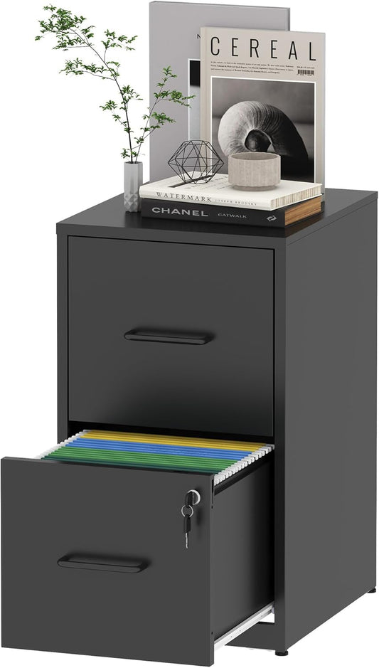 2 Drawer File Cabinet with Lock, Vertical File Cabinet with Lock, Locking File Cabinet Hanging Files for A4/ Legal/Letter,Black