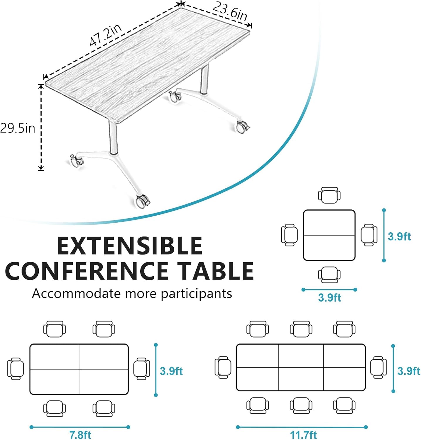 Conference Room Table, Folding Conference Tables,Thicken Grey Tabletop,Flip Top Wooden Seminar Meeting Room Table for Conference Room Offices (10, Black, 47.2“)