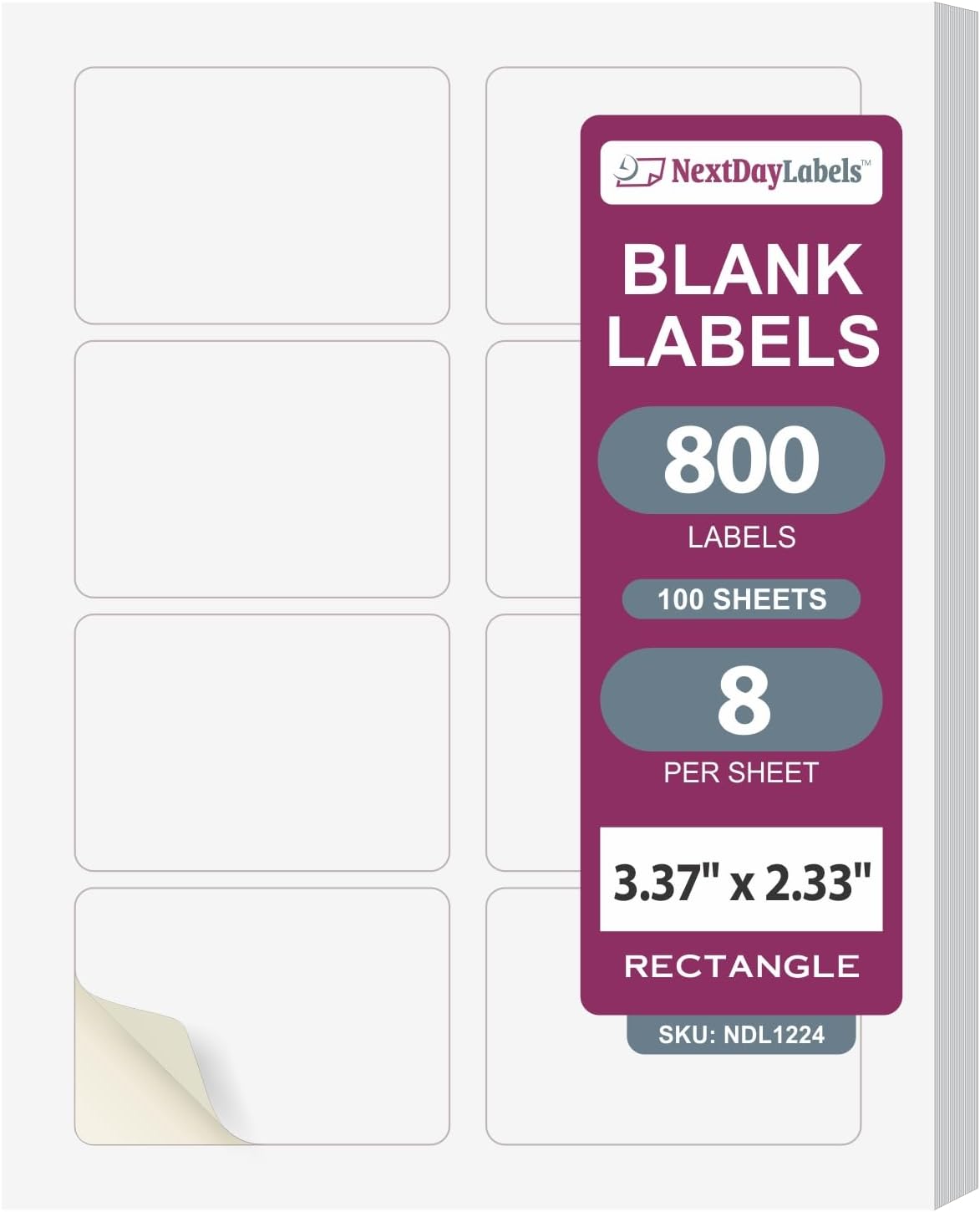 NextDayLabels – 3-3/8" x 2-1/3" Rectangular Sticker Labels for Printer - White Laser/Inkjet Printer Labels Return Address Labels Shipping Label Stickers (100 Sheets, 8 Per Sheet, 800 Labels)