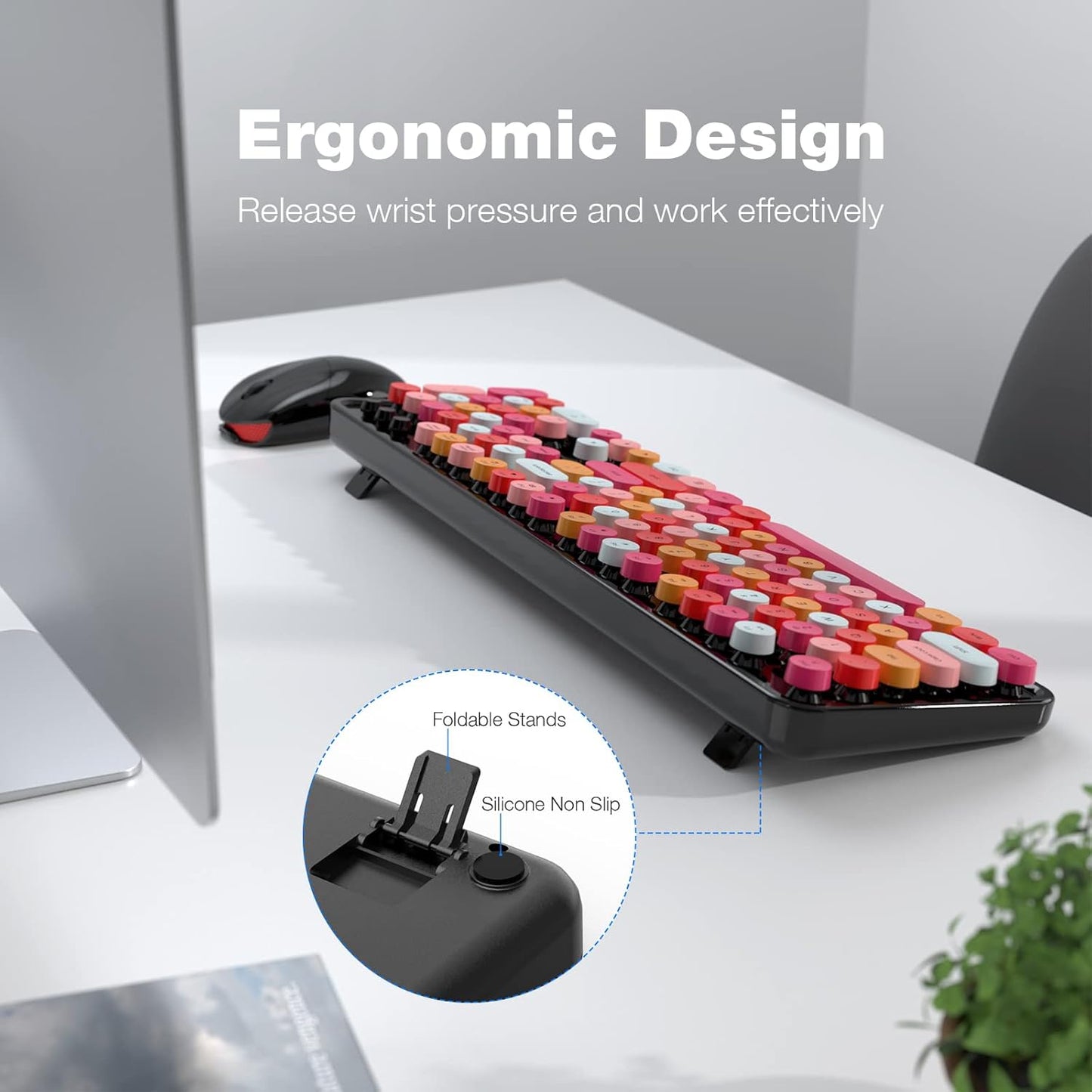 Wireless Keyboard and Mouse Combo, MOWUX Colorful Computer Full Size 2.4G Plug and Play Wireless Typewriter Keyboard and Mouse Set for Windows, Computer, Desktop, PC, Notebook (Black Colorful)