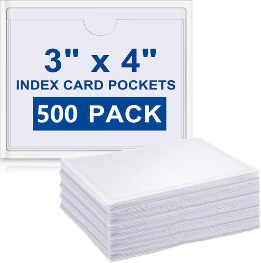 Outus 500 Pack Self Adhesive Index Card Holder Clear Plastic Label Pockets with Top Open for Loading Sticky Business Card Sleeves for Storage Bins Library Organizing Photo Protecting(3.5 x 4.4 Inch)