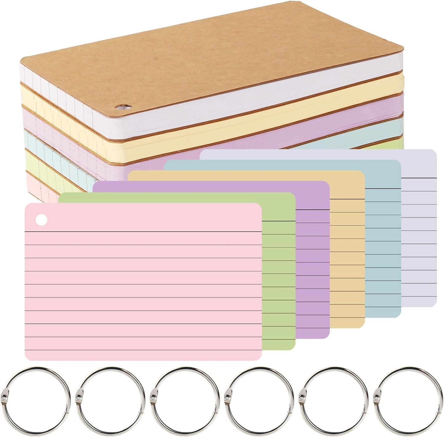6 Pack Lined Index Cards 4 x 6 Inches, 360 PCS Colored Ruled Index Flashcards Lined Flash Cards with Rings, Note Cards Punched for Study, Office and Home