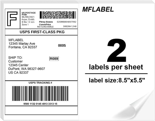 MFLABEL Half Sheet Label Laser/Ink Jet Shipping Label 8.5 x 11 Inches Packaging Labels, Address Labels for Laser & Inkjet Printers, 1300 Count(650 Sheets)