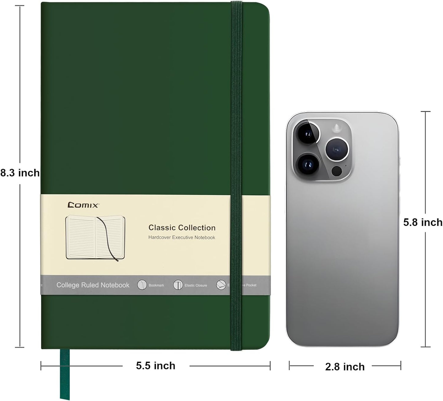 Comix Lined Journal Notebook for Women Men, Journaling Notebooks for Office School Home, Dark Green, 240 Pages, 5.5" x 8.3", College Ruled, A5, Hardcover