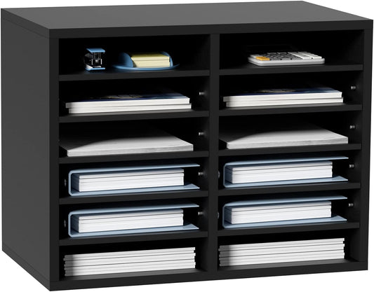 VEVOR Literature Organizers, 12 Compartments Office Mailbox with Adjustable Shelves，Wood Literature sorter 20.4x12x16.1 inches for Office, Home, Classroom, Mailrooms Organization, EPA Certified Black