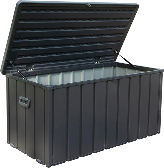 Domi 120 Gallon Deck Box, Patio Storage Box with Resin Lid, Steel Tool Waterproof Outdoor Storage Container for Outside Cushions, Lockable Outdoor Storage Bin for Garden and Pools Tools (Gray)