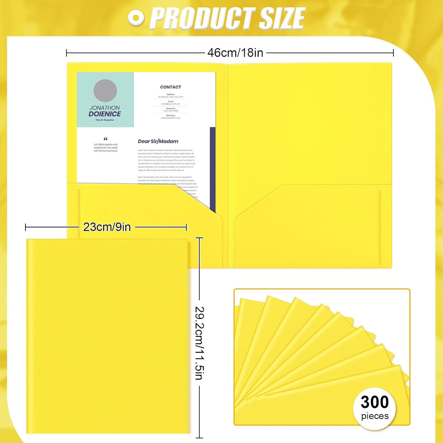 Gueevin 300 Pcs Plastic Folders with Pockets, Two Pocket Folder Fit 8.5 x 11 Inch Letter Size Paper, Heavy Duty School Folders Business Card Holder for Home Office School Bussiness (Yellow)