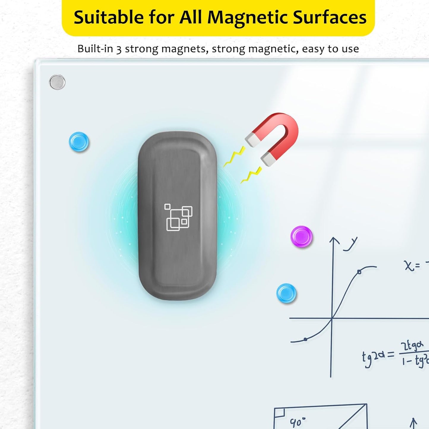 maxtek Magnetic Dry Erase Eraser, Glass Board Erasers, 1 Pack, Whiteboard Eraser for Dry Erase Board, Glass Board, Calendar Board, Office and School Supplies (Gray)