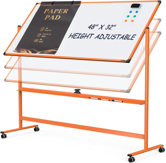 Whiteboard on Wheels, 48x32 Inches Mobile Whiteboard, Rolling Dry Erase Board with Stand, Magnetic Standing White Board for Office, School, Home, Large Double Sided White Board with Paper Pad