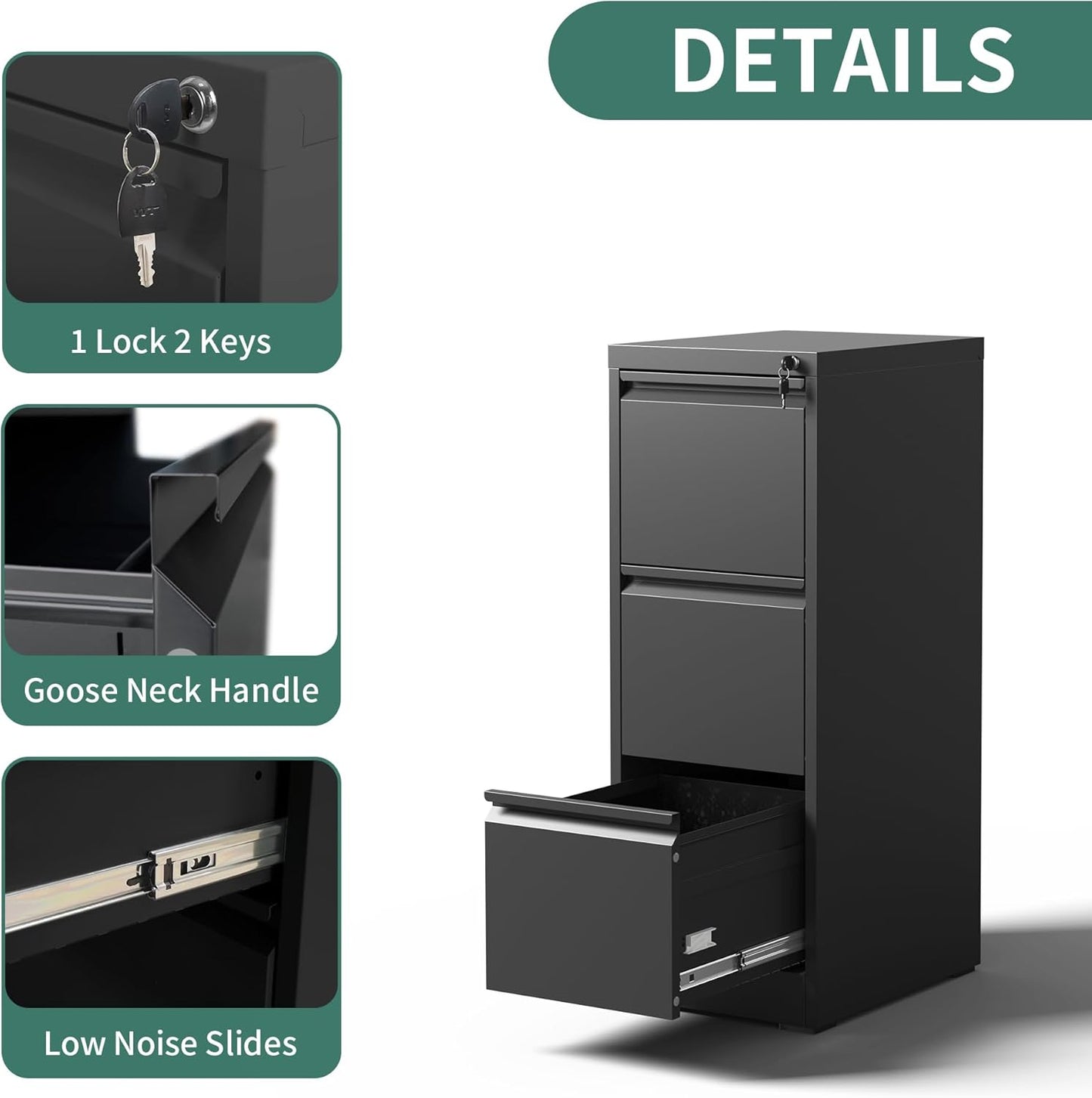 3 Drawer File Cabinet with Lock, Metal Vertical Filing Cabinets for Home Office, Steel Storage Cabinet for Hanging Legal/Letter Size Files, Assembly Required (Black)
