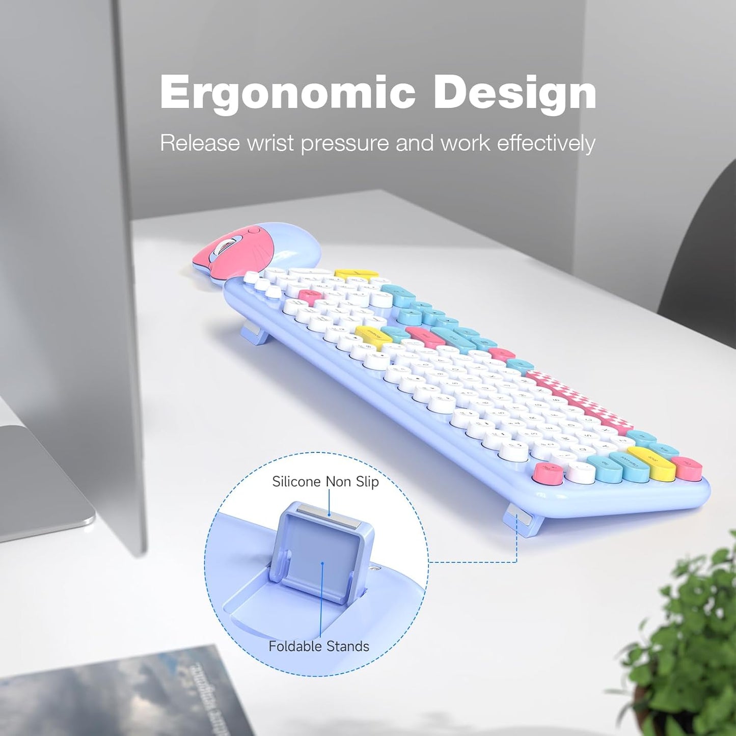 Wireless Keyboard and Mouse Combo, Full-Sized Typewriter Keyboards, Cute Cat Shaped Wireless Mouse, USB Plug and Play for Windows, Computer, PC, Laptop, Desktop (Blue Colorful)