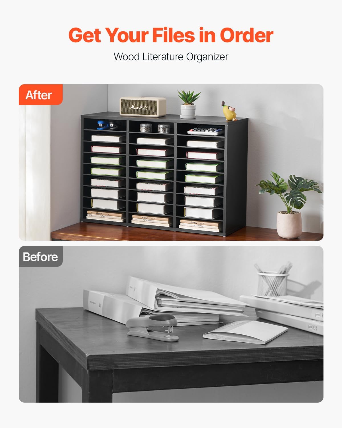 VEVOR Literature Organizer, 27 Compartments Office Mailbox with Removable Shelves, Wooden Mailbox Sorter Particle Board Office Home Classroom Storage, File Sorter for Files, Documents, Papers, Black