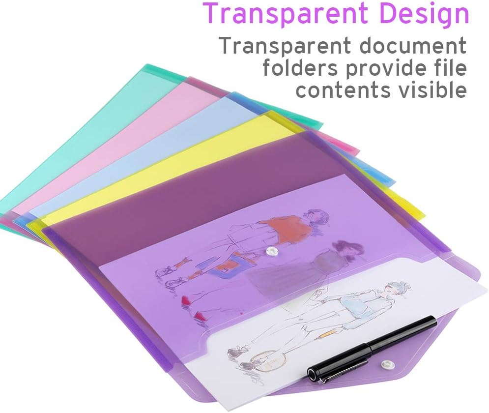 Sooez 20 Pack Folders Plastic Envelopes, Clear Plastic File Folder for Document, Letter A4 Size Poly File Envelopes with Label Pocket, Snap Button for Home Work Office Organizer, 5 Colors
