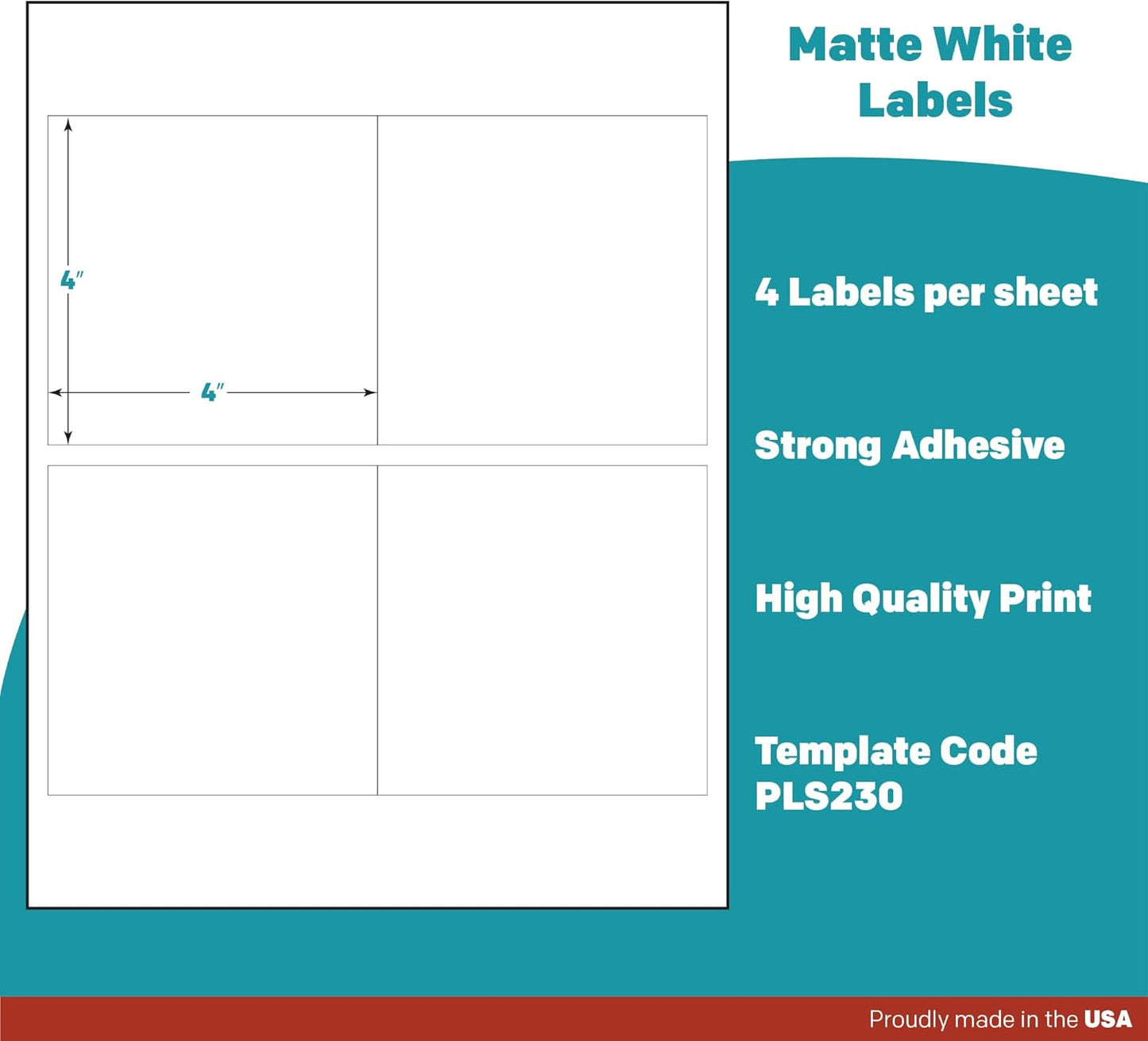Premium Label Supply White Sticker Square Labels – 4" x 4" – Laser/Inkjet Compatible – (4 per Sheet), 500 Sheets - 2,000 Total Adhesive Labels