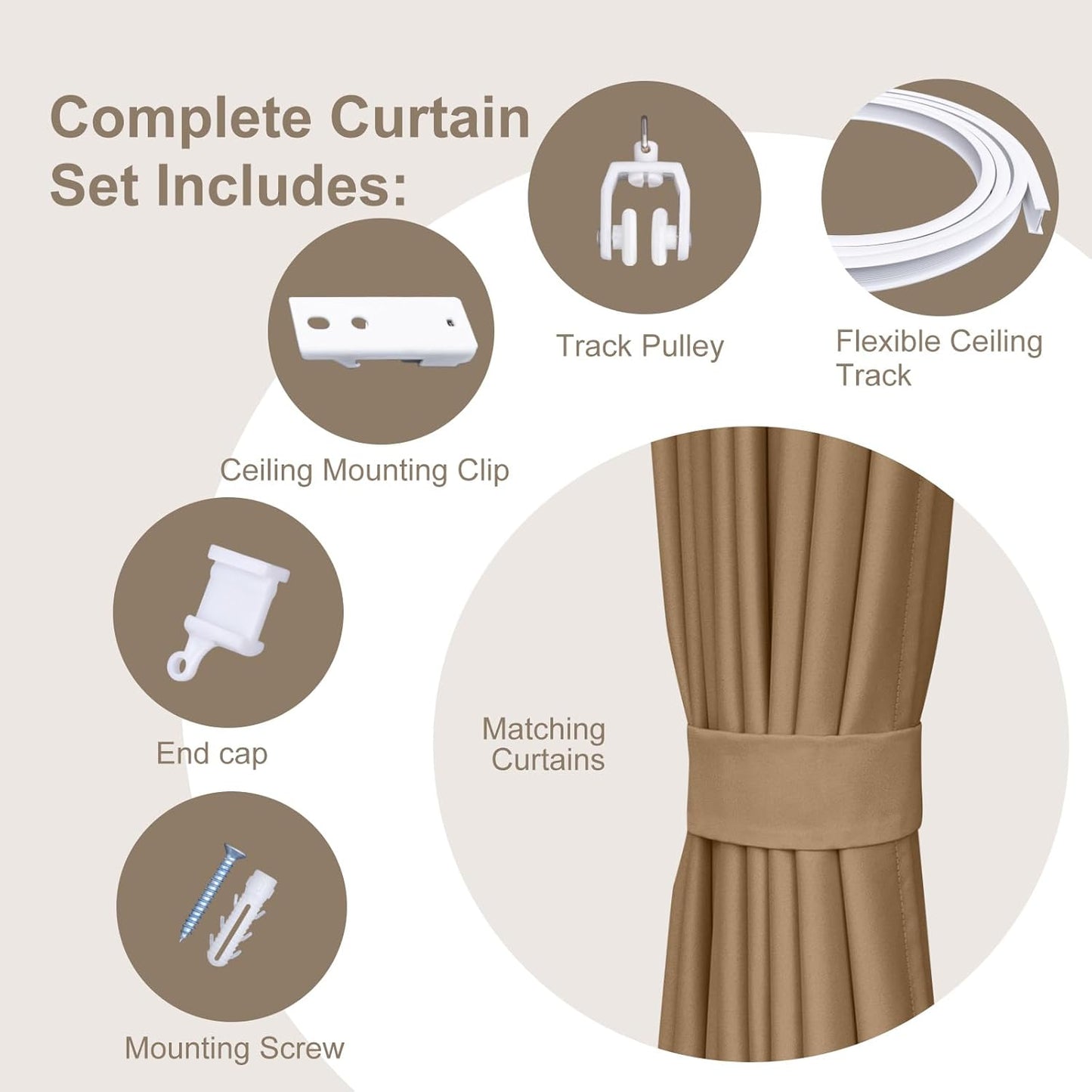 Room Divider Curtains & Flexible Bendable Tracks Set,Privacy Dividers Ceiling Track Curtain Window Blackout Curtains for Living Room Bedroom (W100 × H84 in 1 Panel Khaki Drape & White Rail)