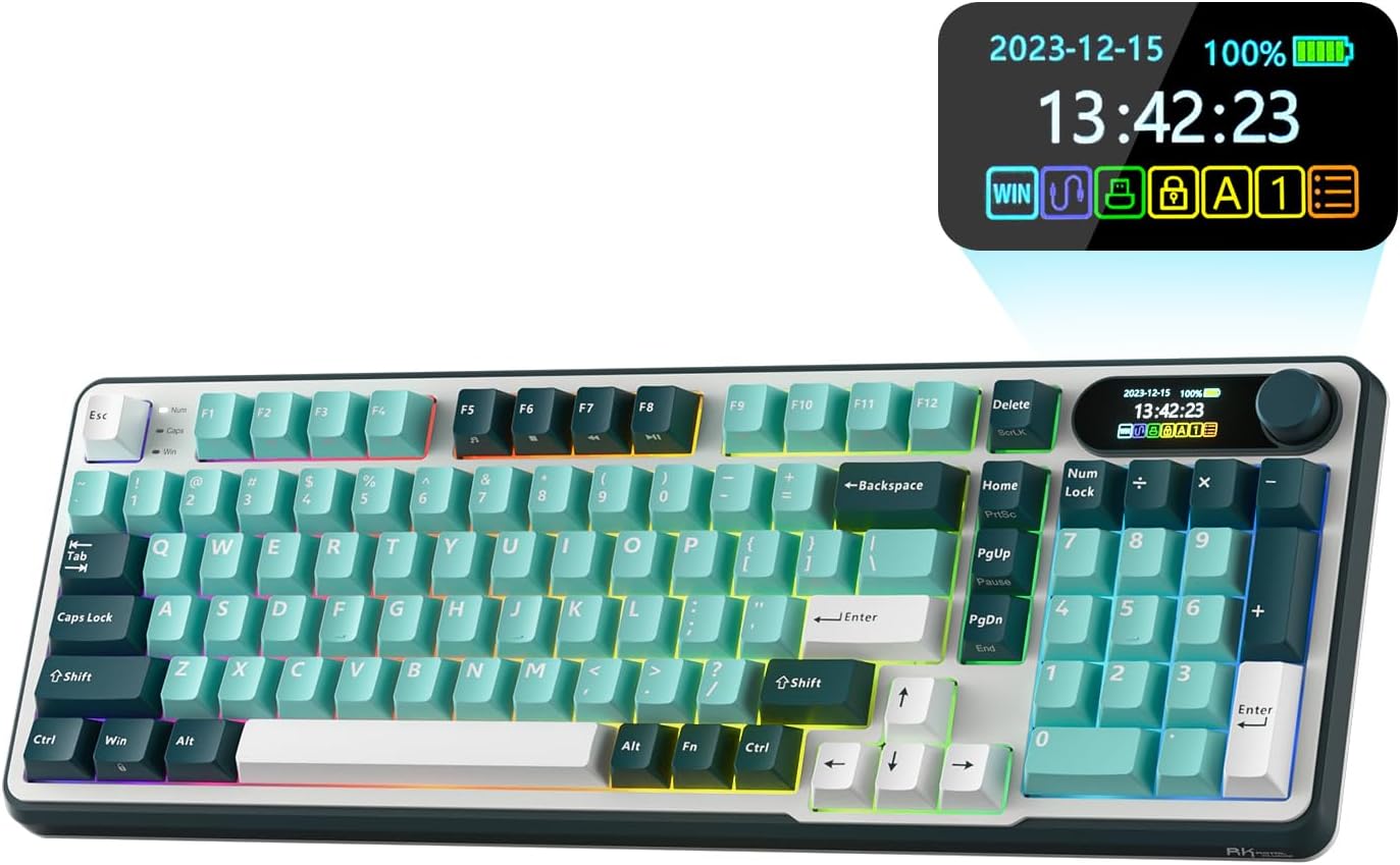 RK ROYAL KLUDGE S98 Mechanical Keyboard w/Smart Display & Knob, Top Mount 96% Wireless Mechanical Keyboard BT/2.4G/USB-C, Hot Swappable, Software Support, Creamy Sounding, 98 Keys