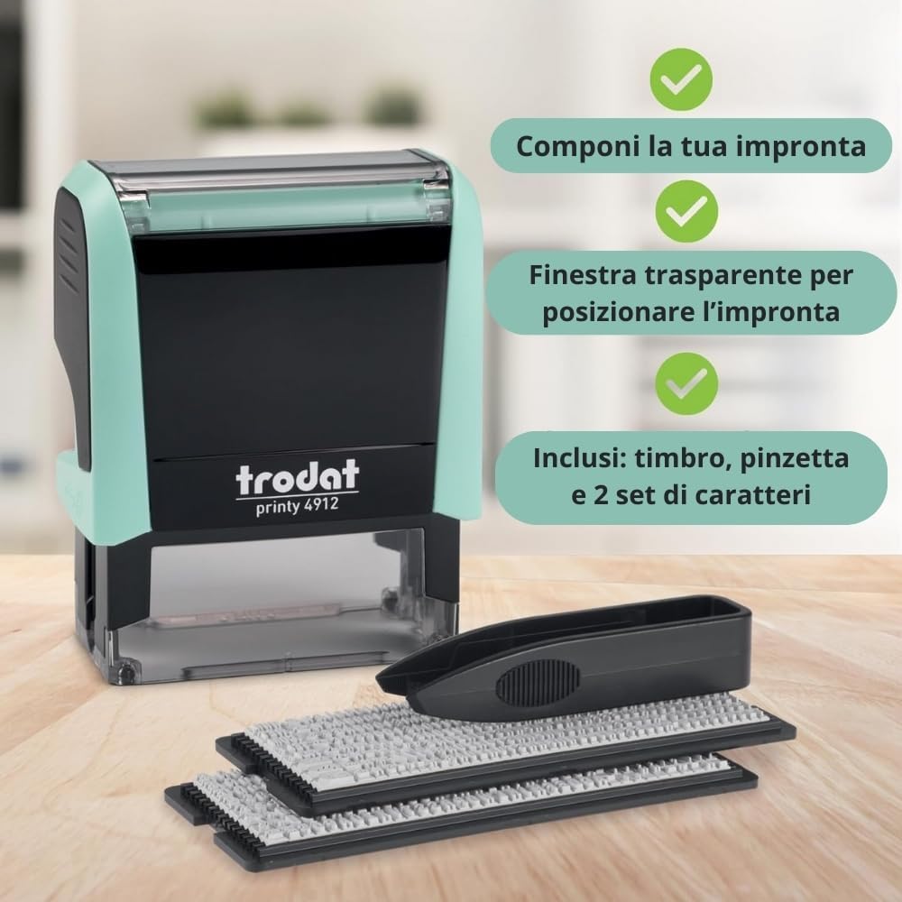 Trodat Printy 4912 Self Inking Do it Yourself (DIY) 4 line Personalized Custom Message or Address Stamp kit with Black Ink, Impression Size: 3/4” x 1-7/8” inch (Green)