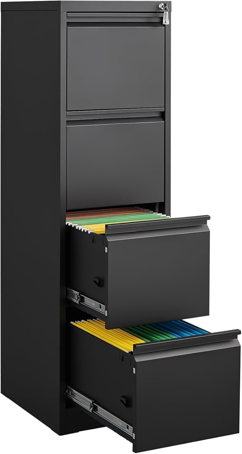 4 Drawer File Cabinet with Lock, Vertical File Cabinets for Home Office, Metal Filing Cabinets, Heavy Duty Steel Lockable Filing Storage Cabinet for Letter/Legal/A4/F4 Size Files, Black